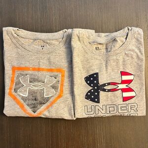 2 Under Armour T-Shirts - American Flag & Shield Designs (2 youth size 7 shirts)